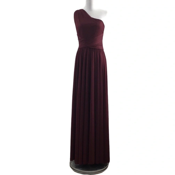 Davids Bridal One Shoulder Mesh Bridesmaid Dress Womens 4 Long Gown Wine Red - Picture 1 of 11